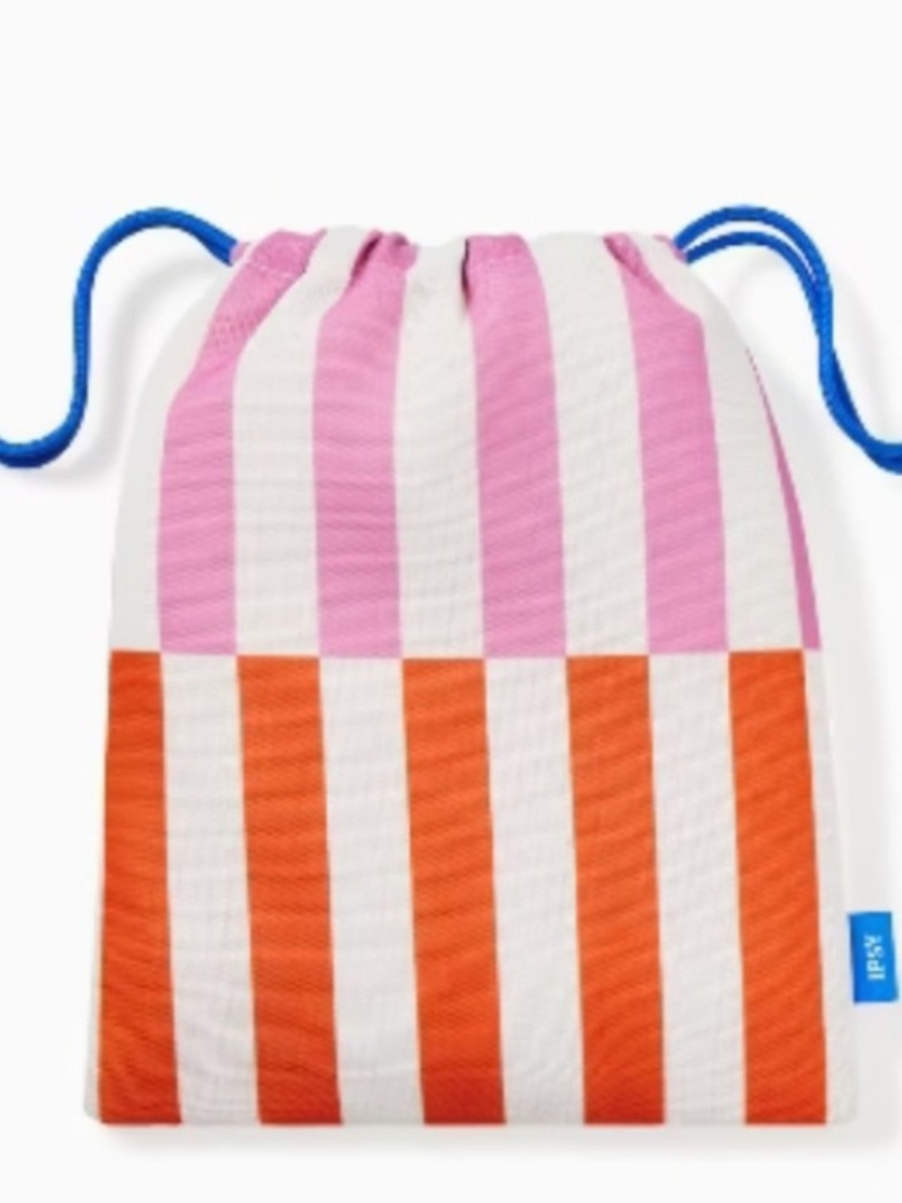 ipsy Pink, Orange & White Striped Drawstring Pouch with Blue Cord